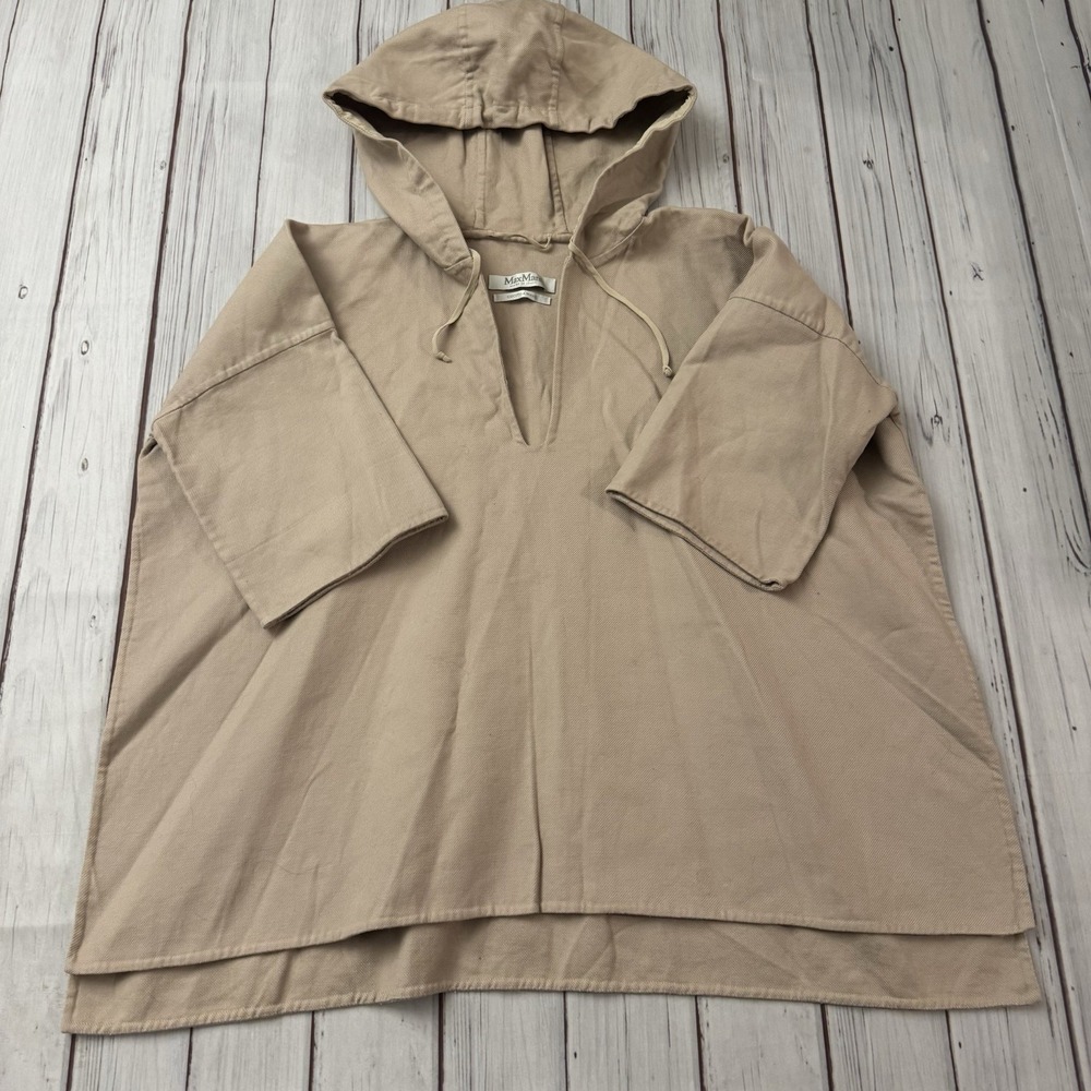 Max Mara Cucito A Mano Silk Cotton Hooded Tunic Italy Beige Oversized Small